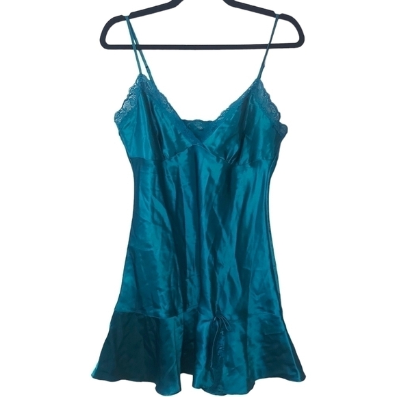 Vintage Teal Lace Satin Slip Dress - Picture 2 of 5